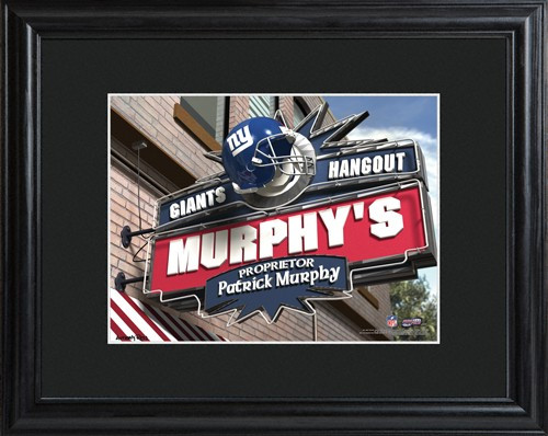 This NFL framed print features a photo of the New York Giants logo as a sign for a local pub and includes a name of your choice as the owner of the bar. - Give the NFL football fan in your life a personalized officially licensed NFL New York Giants Pub Si #bar