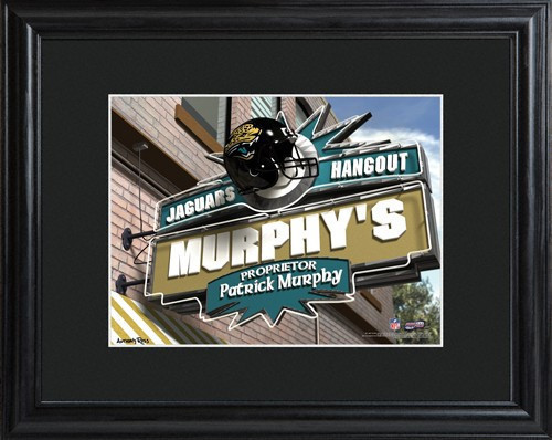 This NFL framed print features a photo of the Jacksonville Jaguars logo as a sign for a local pub and includes a name of your choice as the owner of the bar. - Give the NFL football fan in your life a personalized officially licensed NFL Jacksonville Jagu #bar