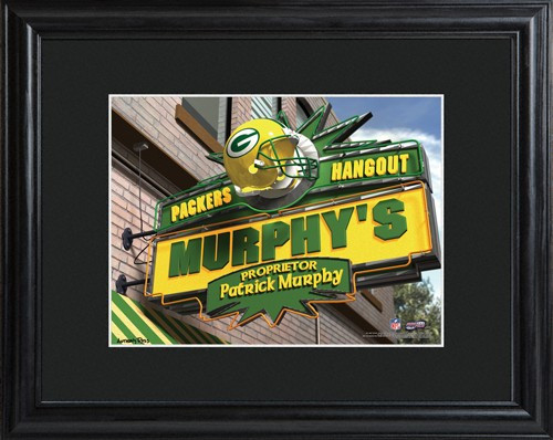 This NFL framed print features a photo of the Green Bay Packers logo as a sign for a local pub and includes a name of your choice as the owner of the bar. - Give the NFL football fan in your life a personalized officially licensed NFL Green Bay Packers Pu #bar