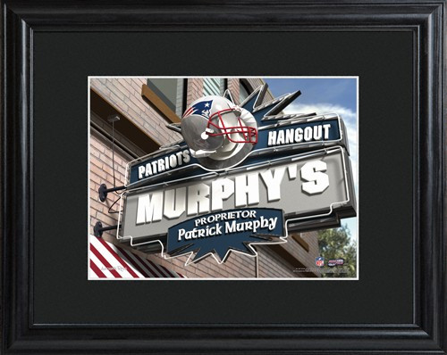 This NFL framed print features a photo of the New England Patriots logo as a sign for a local pub and includes a name of your choice as the owner of the bar. - Give the NFL football fan in your life a personalized officially licensed NFL New England Patri #bar