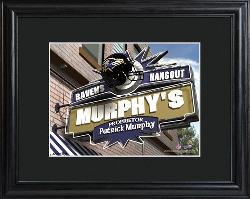This NFL framed print features a photo of the Baltimore Ravens logo as a sign for a local pub and includes a name of your choice as the owner of the bar. - Give the NFL football fan in your life a personalized officially licensed NFL Baltimore Ravens Pub #bar