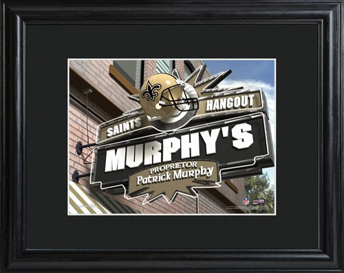 This NFL framed print features a photo of the New Orleans Saints logo as a sign for a local pub and includes a name of your choice as the owner of the bar. - Give the NFL football fan in your life a personalized officially licensed NFL New Orleans Saints #bar