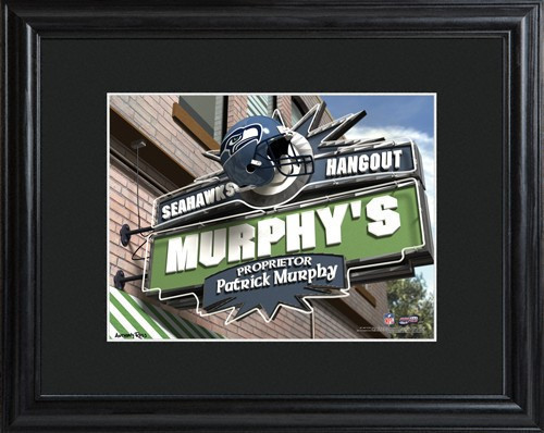 This NFL framed print features a photo of the Seattle Seahawks logo as a sign for a local pub and includes a name of your choice as the owner of the bar. - Give the NFL football fan in your life a personalized officially licensed NFL Seattle Seahawks Pub #bar