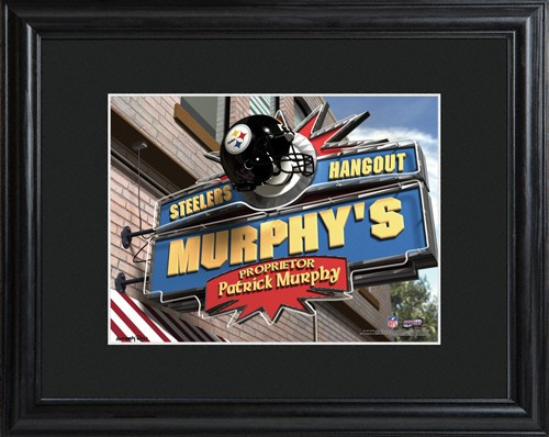 This NFL framed print features a photo of the Pittsburgh Steelers logo as a sign for a local pub and includes a name of your choice as the owner of the bar. - Give the NFL football fan in your life a personalized officially licensed NFL Pittsburgh Steeler #bar