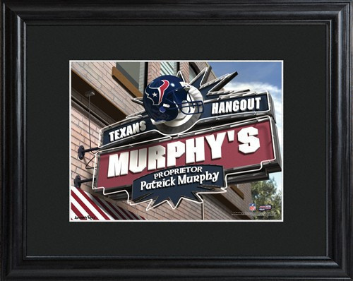 This NFL framed print features a photo of the Houston Texans logo as a sign for a local pub and includes a name of your choice as the owner of the bar. - Give the NFL football fan in your life a personalized officially licensed NFL Houston Texans Pub Sign #bar
