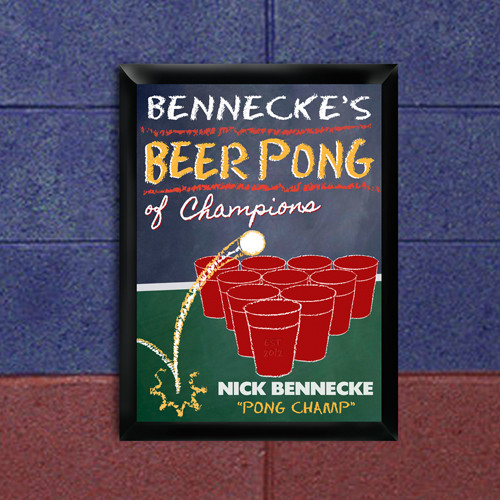 Pay homage to the drinking game of champions! Celebrate his victorious beer pong triumph with the Beer Pong Champion pub sign. The sign will add style to any dorm room, frat house or any other beer pong venue. This pub sign is designed to resemble a chalk #bar