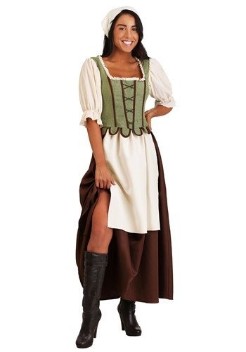 Serve up some ale in our Women's Medieval Pub Wench Costume. This dress features a green top, brown skirt with apron, and sleeves. Complete with head scarf. #bar