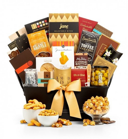 An exquisite gourmet collection! When you want to send the best, send them The Ritz! Just like the name implies, this upscale gift basket is full of extraordinary indulgences. We fill a handsome leather and suede tray with gourmet that is ideal for your m #gift