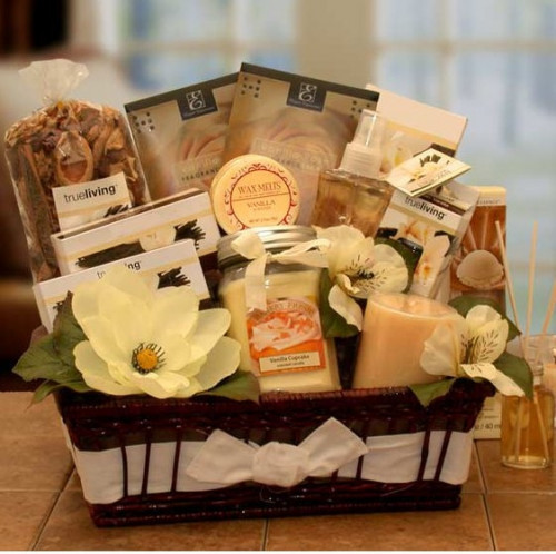 This basket is filled with deliciously scented vanilla candles, potpourri, diffusers and more for a delightful way to pamper her senses. #gift