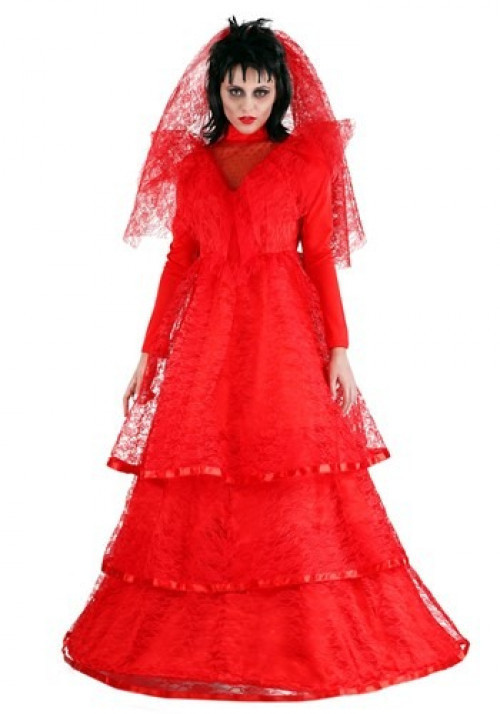 Get ready to marry a rambunctious ghost from the underworld when you wear this Red Gothic Wedding Dress Costume! It's perfect for a ghoulish celebration this Halloween. #Juice