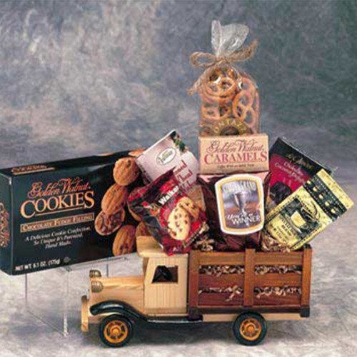 An alternative to a traditional Gift Basket - Our solid-wood antique style truck filled with sweet and savory goodies is the perfect thing for antique buffs or truck fanatics. A truly unique executive gift. #gift
