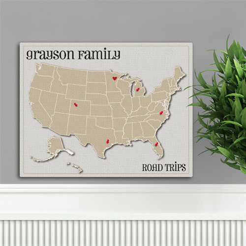 Show off all those travel destinations with a family travel map! The heart may be at home, but this family has traveled everywhere! Our sturdy canvas Heart at Home family travel map features beige tones perfect for just about any form of home decor. Inclu #home 
