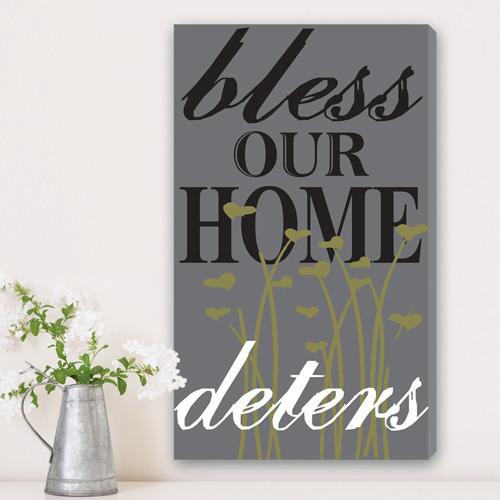 This canvas sign displays a beautiful message, bless our home on a grey background. Bold letters and script is used to highlight the text written over it. This text can be personalized. If you are looking for something that would give your place a unique #home 