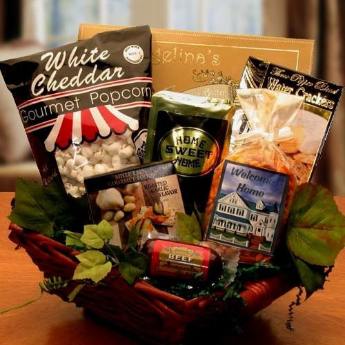 This handsome house warming gift basket is filled with Home themed goodies including snack mix, crackers, coffee, sausage, cheese spread and cookies. #home 