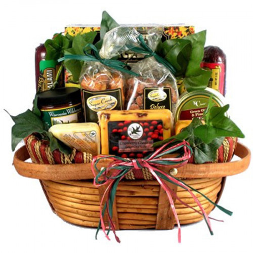 We filled this unique wooden basket with a delightful combination of fine cheese, meats and summer sausage, dips, snacks and sweet treats. Add an optional cutting board. This gift is an ideal gift for the corporate executive or for dad. Send one to your d #gift
