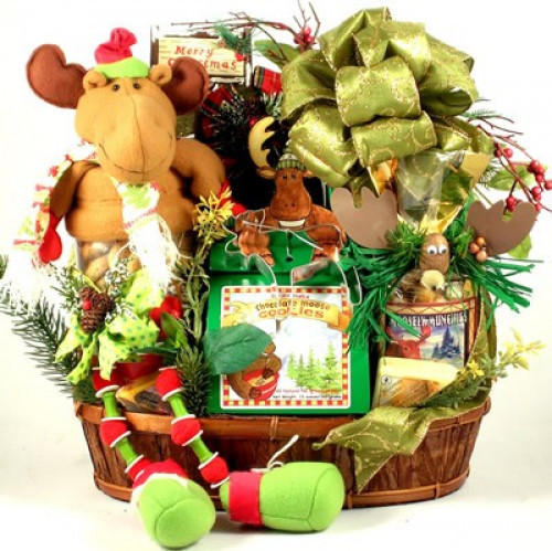 Say Merry Chris-Moose! in style with this rustic bark basket piled high with a fabulous collection of unique gifts, including an adorable holiday moose with long dangling legs and a belly full of cookies! Yes, cookies! This moose has a canister for a bell #gift