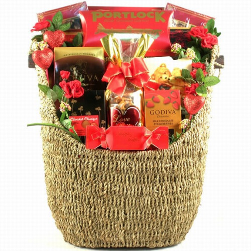 Our best selling Valentine Gift in a deluxe size for the entire family or office staff includes a combination of sweet treats, candies, chocolates, snacks and salmon in a woven magazine basket. This delectable array of sweets in such a stylish basket is s #gift