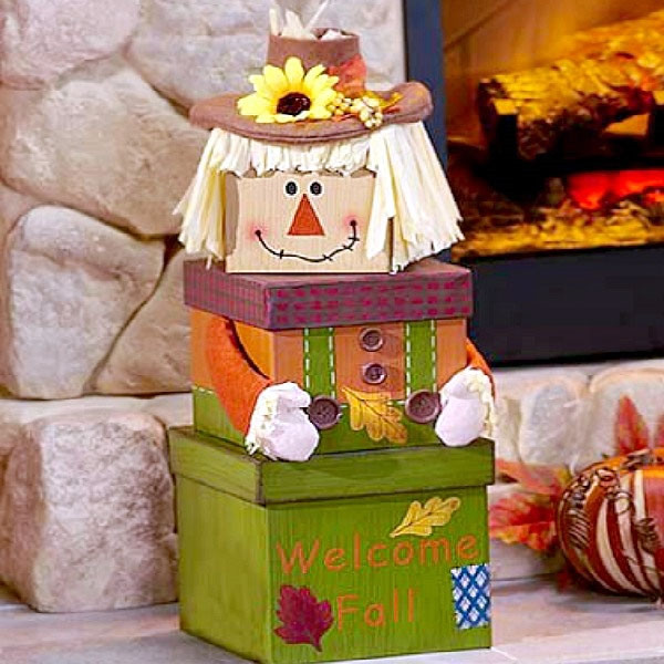 Three box gift tower makes a scarecrow delivering snacks. Greet recipients in style with this super charming tower of keepsake boxes filled with tasty fall treats! This adorable autumn gift tower includes the set of three Autumn Greetings decorative boxe #gift