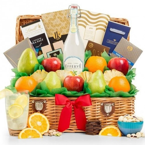 Send the delicious gift of orchard-fresh fruit combined with an assortment of gourmet delicacies. A picnic-style hamper holds premium California Navel Oranges, D'Anjou Pears, and Fuji Apples, along with Pacific Gold Mixed Nuts (nutcracker included), Hot P #gift