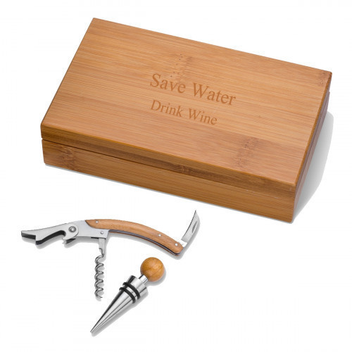 Case holds a corkscrew and bottle stopper. Distinctive bamboo case holds a stainless steel wine corkscrew opener and wine bottle stopper. Personalize this wine gift set for a wine connoisseur. Perfect for a home bar or picnic. #gift