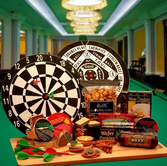 Truly a dart lovers gift! - Did anyone say Darts? This gift not only has a dart board & darts, but also has lots of goodies to keep you going while you play. Let the games begin! #gift