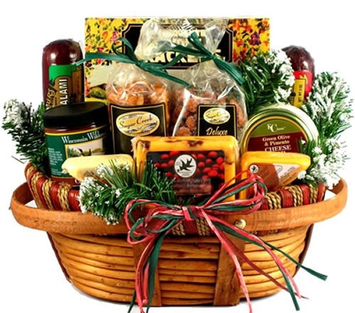 Our best seller for the last 4 years! We have filled this very handsome and unique wooden basket with a tasty combination of fine cheese, meats and summer sausage, dips, snacks and sweet treats. Available in two sizes. Add an optional cutting board. Male #gift