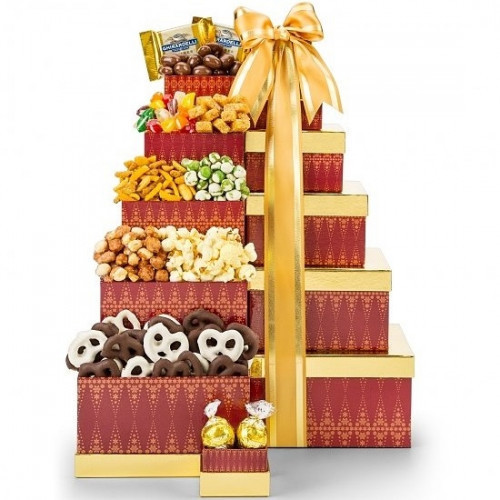 Chocolates, popcorn, pretzels, snack mixes and more - there's something for everyone in this tower of classic favorites. Stacked high and tied with a satin ribbon, these signature diamond-print boxes will arrive laden with a variety of classic favorites, #gift