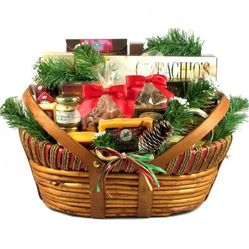 We have filled this very handsome and unique wooden basket with a tasty combination of fine cheese, meats and summer sausage, dips, snacks and sweet treats. Available in two sizes. Add an optional cutting board. A great gift for the guys! Contents include #gift
