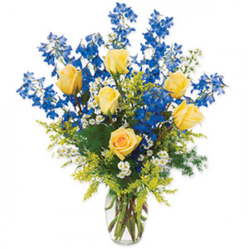 Perfect for any reason, this arrangement of Delphiniums, Monte Casino, Roses, Solidago and Greens in glass vase is a gorgeous gift they're sure to treasure. Create special memories with this beautiful gift. #gift