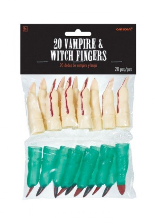 Buy these Witch and Vampire Fingers (pack of 20 fingers) to complete your costume or use as fun party favors. The package contains 10 green witch fingers with long red nails, and 10 vampire fingers with bloody nails. #%20