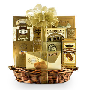 A golden collection of one of the best and delicious goodies such as wafer rolls, butter cookies, popcorn and more. Your gift will leave a lasting impression as they continue to use and enjoy this elegant keepsake basket. #gift