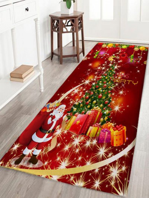 Christmas Tree Gift Santa Claus Print Flannel Skidproof Bath Mat #gift
