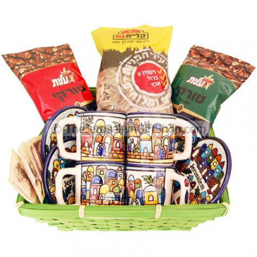 Two blends of Turkish Coffee from Israel's number one food producer with this gift basket 100 gram Elite Turkish Coffee with Cardamon100 gram Elite Turkish Coffee Four made in Jerusalem hand painted Armenian ceramic coffee cups with saucers Cup size: 2.3 #gift