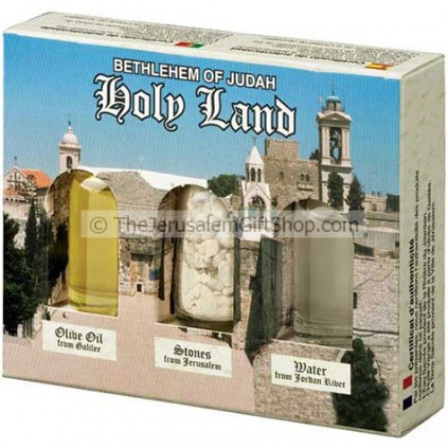 Holy Land Gift Pack - Bethlehem - Direct from the land where Jesus walked. Gift pack contains: Jordan River Water.Stones from Jerusalem.Galilee Olive Oil. Pack size: 4.5 x 3.5 inches approx. Comes in decorative presentation pack featuring a picture of the #gift