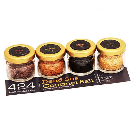 Gift pack of four Israeli '424 Exotic Dead Sea Gourmet Salt' flavors bringing you something truly unique to your dishes in a product that contains no preservatives and no chemical additives. 424 Dead Sea Salt brings together the natural qualities of the H #gift