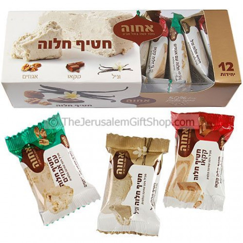 A very tasty and healthy snack selection made with Halva (sesame seeds) Includes: Vanilla, Cocoa and Walnut. 12 pieces x 25gram in a BoxBox size: 8 x 3 x 2.5 inches. Made in Israel #gift
