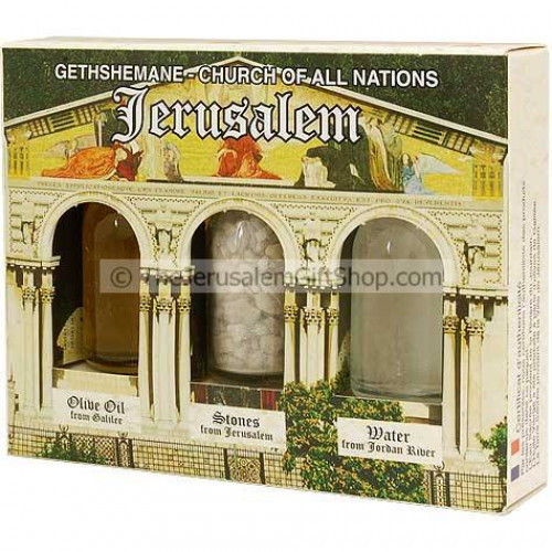 Holy Land Gift Pack - Gethshemane - Direct from the land where Jesus walked. Gift pack contains: Jordan River Water.Jerusalem's Stones.Galilee Olive Oil. Pack size: 4.5 x 3.5 inches approx. Comes in decorative presentation pack featuring a picture of The #gift