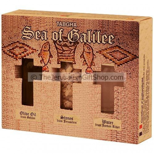 Holy Land Gift Pack - Tabgha - Direct from the land where Jesus walked. Gift pack contains: Jordan River Water.Jerusalem's Stones.Galilee Olive Oil. Pack size: 4.5 x 3.5 inches approx. Comes in decorative presentation pack featuring a picture of the Tabgh #gift