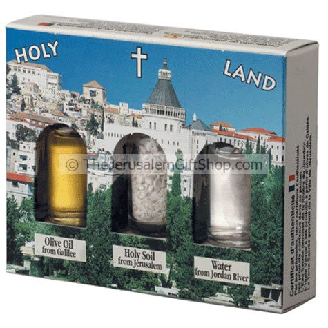 Holy Land Gift Pack - Nazareth - Direct from the land where Jesus walked. Gift pack contains: Jordan River Water.Stones from Jerusalem.Galilee Olive Oil. Pack size: 4.5 x 3.5 inches approx.Each bottle size - 10ml. Comes in decorative presentation pack fea #gift