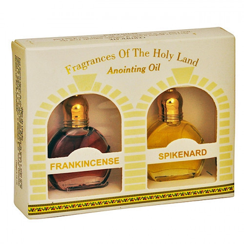 Two bottle gift pack containing Frankincense and Spikenard anointing oil sitting behind two Jerusalem style windows . Anointing oil created from oil from the Galilee region. Is anyone among you sick? Let him call for the elders of the church, and let them #gift