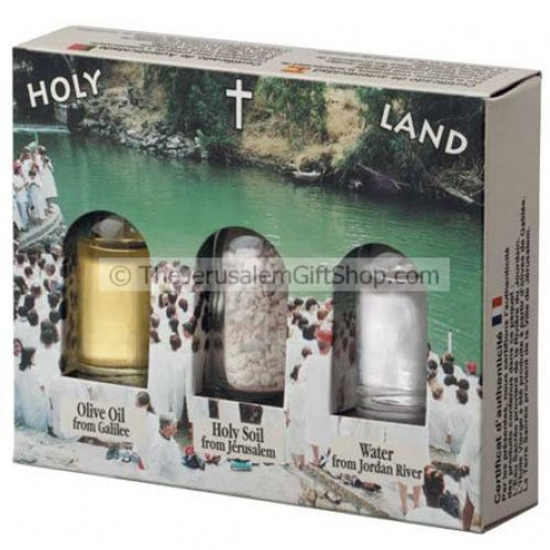 Holy Land Gift Pack - Jordan River Yardenit - Direct from the land where Jesus walked. Gift pack contains: Jordan River Water.Stones from Jerusalem.Galilee Olive Oil. Pack size: 4.5 x 3.5 inches approx.Each bottle size - 10ml. Comes in decorative presenta #gift