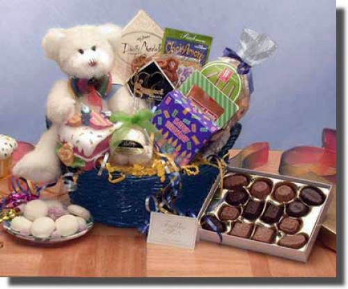 This little bear in a gift basket comes to say Have a Beary Happy Birthday! He brings candy, chocolates, cookies and other birthday treats and a cake-slice candle to light on your special day! Send someone you love the Have a Beary Happy Birthday gift bas #gift