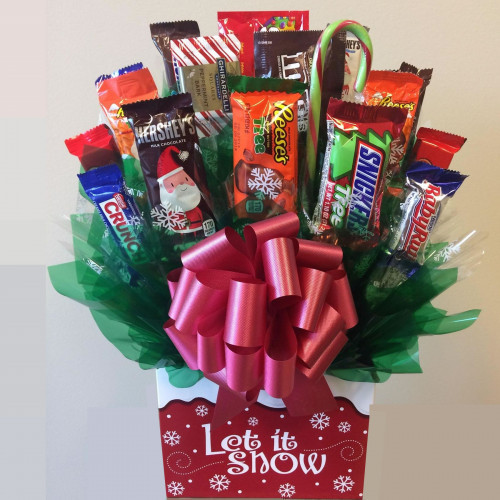 Features a delightful snowflake designer gift box. The entire family is sure to enjoy sharing a collection full and fun size chocolate bars and candies. This candy bouquet replaces a fresh flower gift and is an ideal to send for any winter holiday or occ #gift