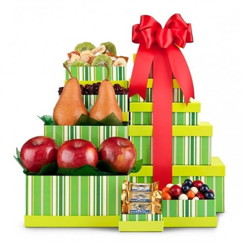 A wonderful combination of fresh fruits and candies in one vibrant tower! Our Classic Fruit Tower makes a perfectly simple, yet elegant gift for business associates or anyone on your gift list this season! Five keepsakes boxes are adorned in yellow and gr #gift