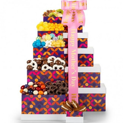 A delicious way to surprise Mom. Say Thanks Mom in a BIG way with this impressive Mother's Day Gift Tower. Each colorful box brims with delicious sweets and tantalizing treats for a tasty way to say I Love You. Six designer gift boxes stacked together me #gift