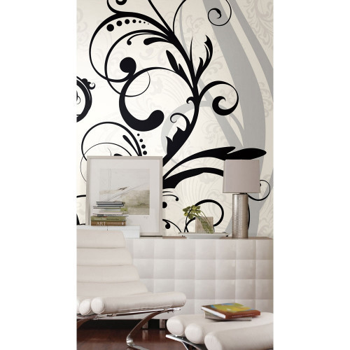 One Black and White Scroll prepasted wall mural, measuring 72 X 126 inches. #decor