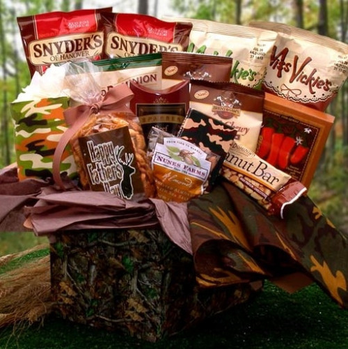 This camo themed gift box starts with a camo drink koozie, playing cards and bandana. It is then topped with sausage, snacks and sweets. #gift