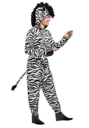 This adult plus zebra jumpsuit costume features a character hood with attached mane. Available in 2X. #plus