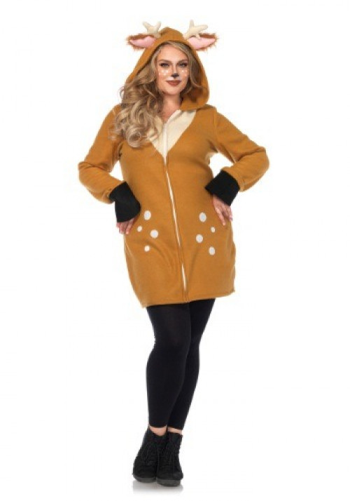 Dress up as a fawn in this plus sized cozy zip-up hooded dress costume. Available in sizes 1X/2X, 3X/4X and 5X. #plus
