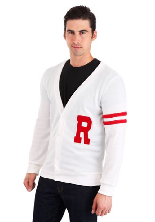 In this Deluxe Grease Rydell High Men's Plus Letterman Sweater you will look just like Danny! It features his sporty look with a white Letterman sweater that features a red "R" on the chest and two red stripes on the sleeves. #plus